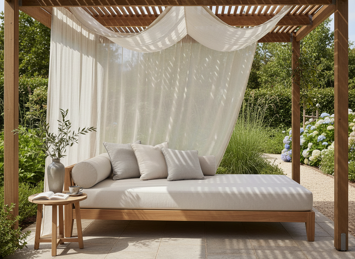 Teak timber daybed with thick weatherproof cushion in a pergola corner with sheer linen canopy draped above