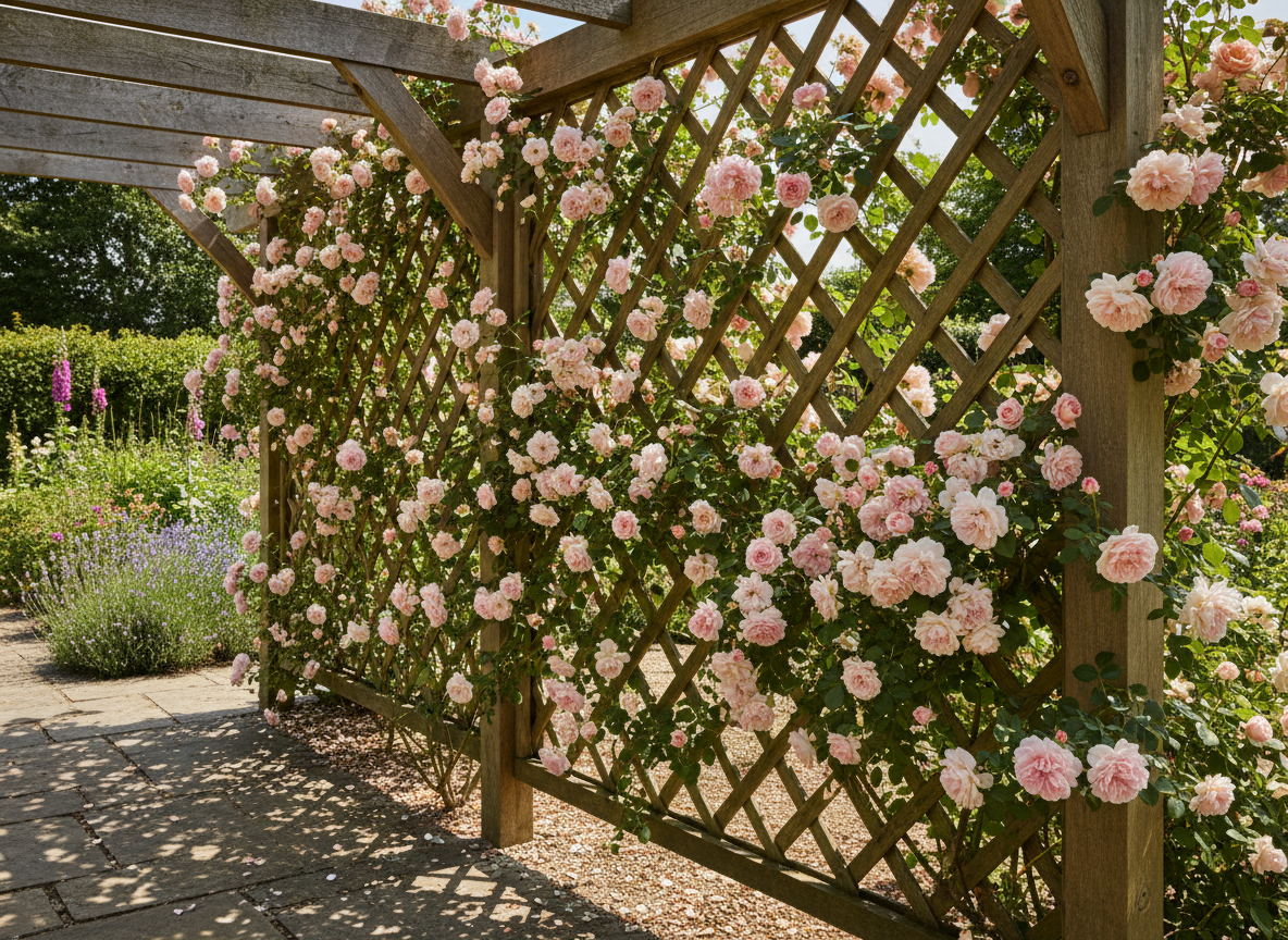 Climbing roses trained across a timber pergola lattice panel with pink and blush flowers cascading in full summer bloom