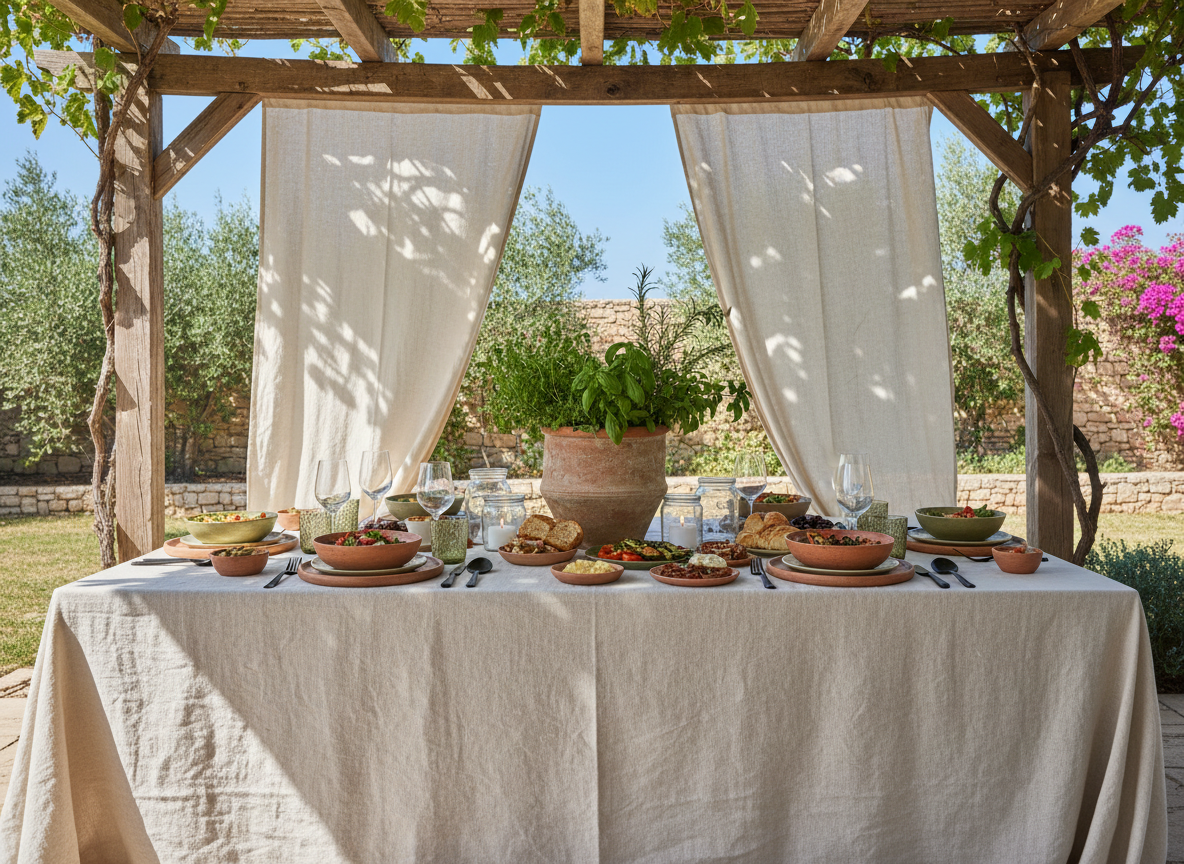 Outdoor dining table under a pergola dressed with linen tablecloth, earthy ceramic dinnerware, and terracotta herb centrepiece