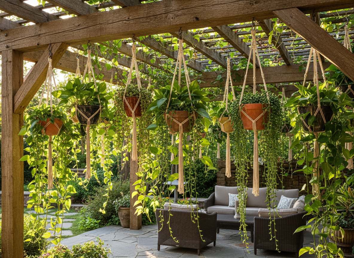 Hanging planters suspended at varied heights from pergola beams with trailing pothos and string-of-pearls in macrame hangers