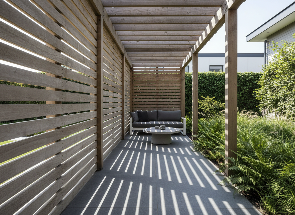 Cedar batten privacy screen along one side of a pergola creating striped light patterns on the floor below