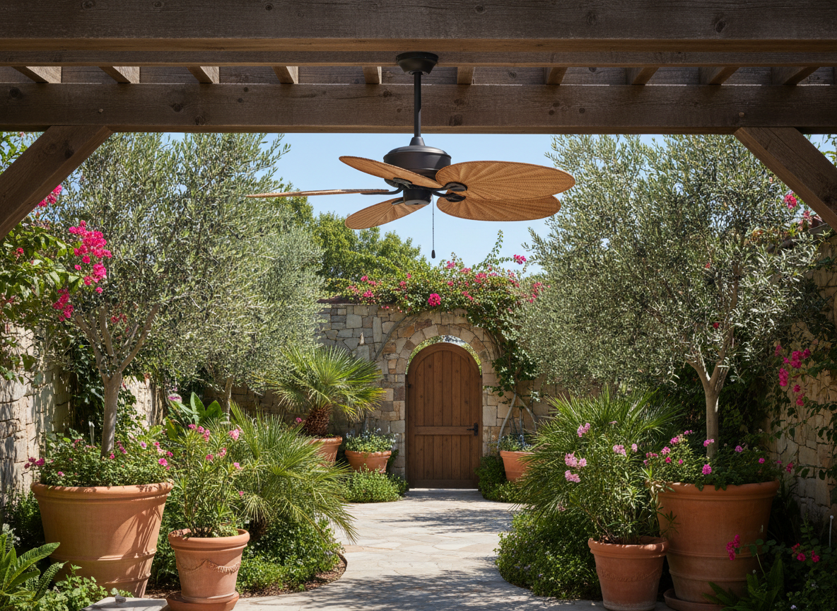 Outdoor ceiling fan with rattan blades mounted to a pergola beam in a Mediterranean garden setting