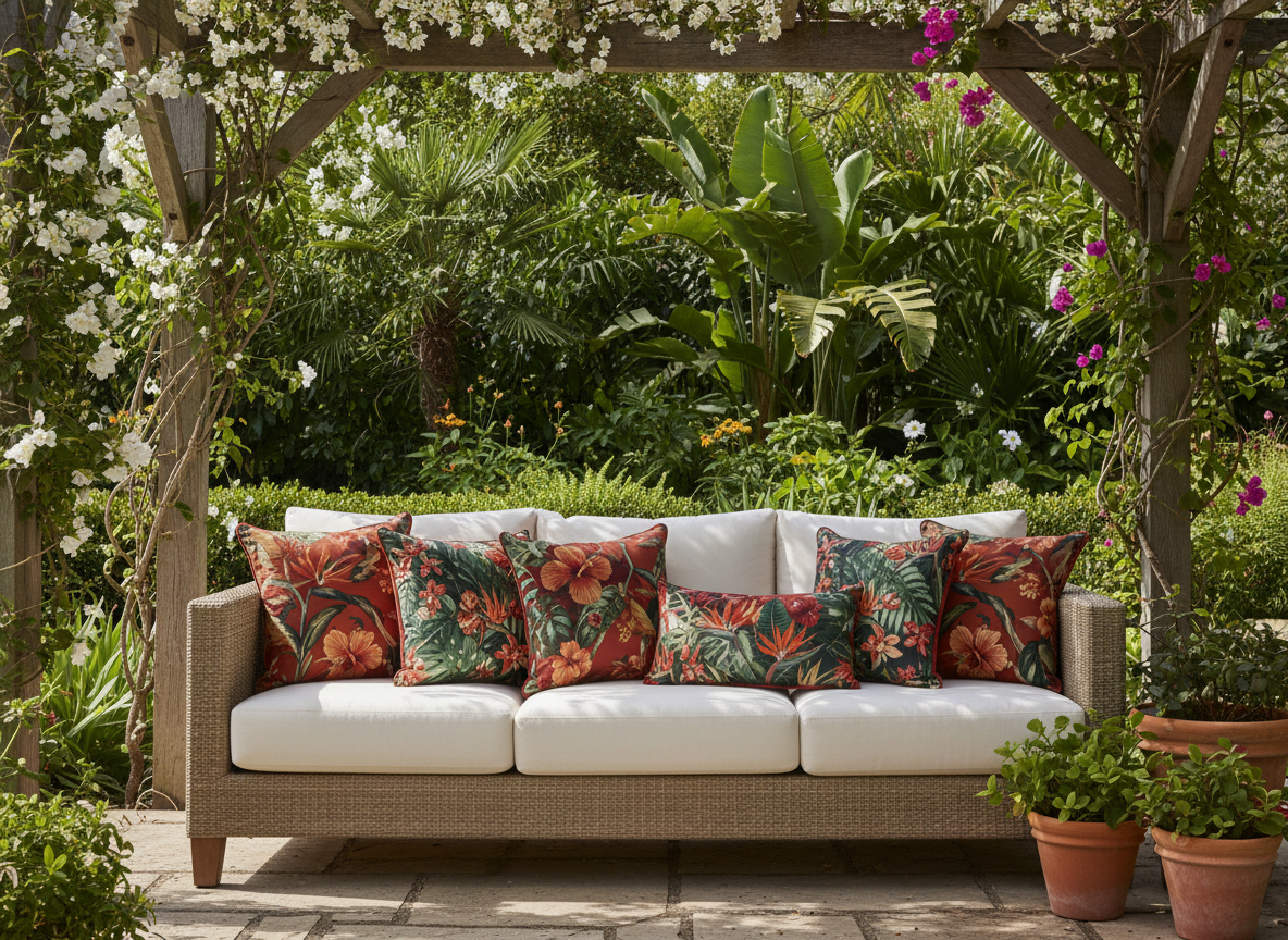 Outdoor sofa with richly patterned botanical print scatter cushions in terracotta and forest green under a pergola