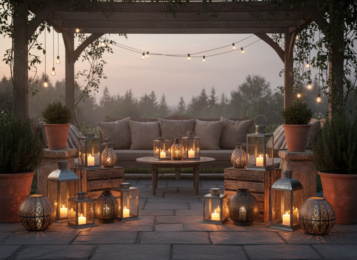 Mixed lanterns clustered at floor level around a pergola seating area with warm candlelight and rosemary terracotta pots