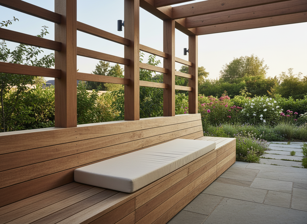 Built-in timber bench with lift-up storage lid running along one side of a pergola with teak wood finish and cushion