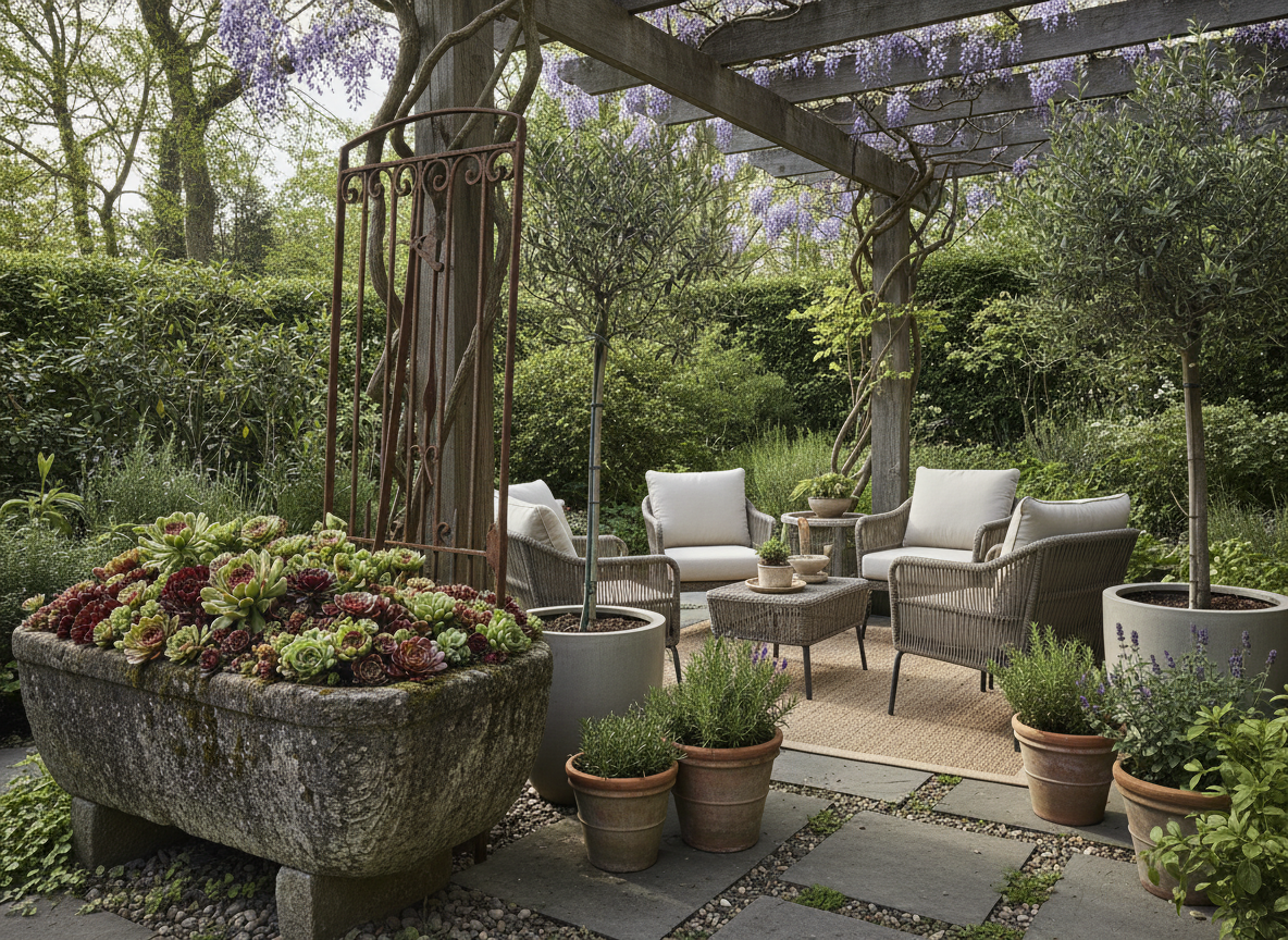 Eclectic pergola space with salvaged vintage stone trough planted with sempervivums alongside contemporary rattan furniture