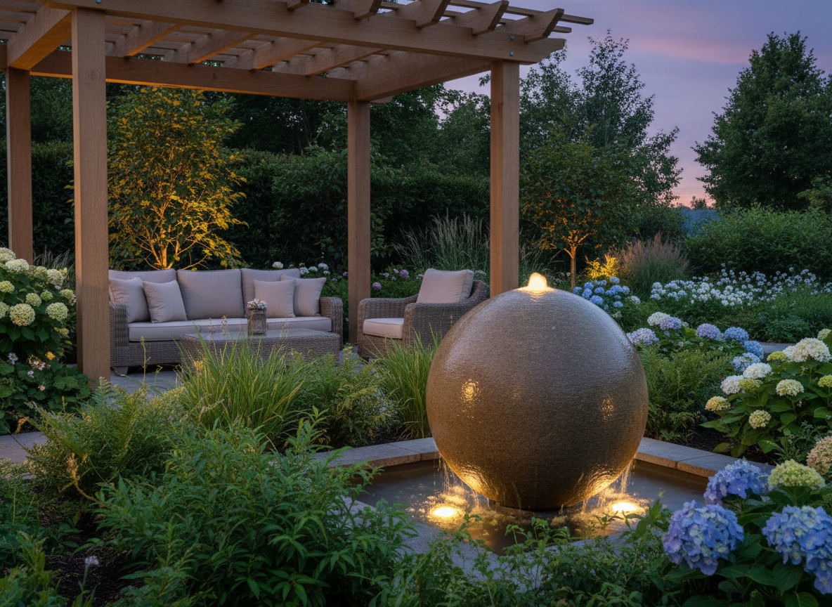 Stone ball recirculating fountain positioned just beyond a pergola edge with lush planting and evening underwater spotlight