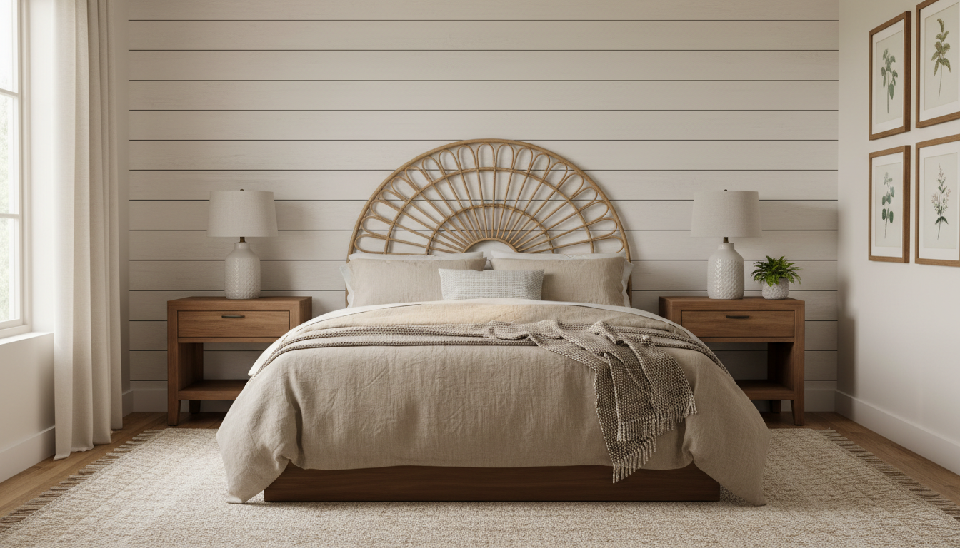 White shiplap headboard wall in a farmhouse bedroom with linen bedding and rattan accents