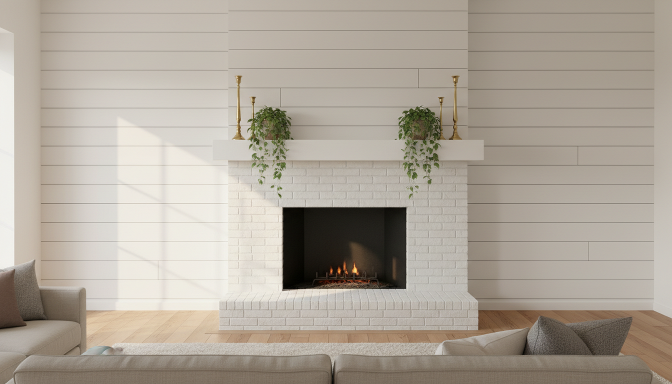 White shiplap fireplace accent wall with painted brick surround and brass candleholders