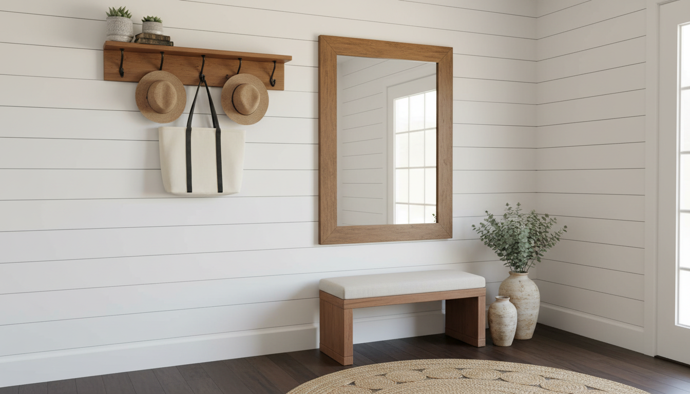 White shiplap entryway wall with iron coat hooks and dark-framed mirror