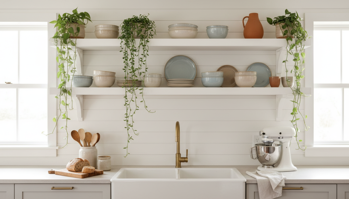 White shiplap kitchen wall with open floating white oak shelves and ceramics