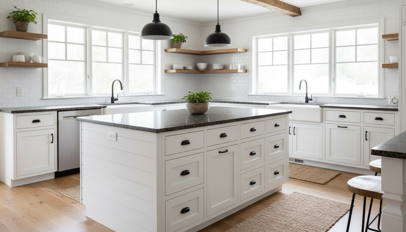 White shiplap kitchen island cladding with dark granite countertop and black iron pulls