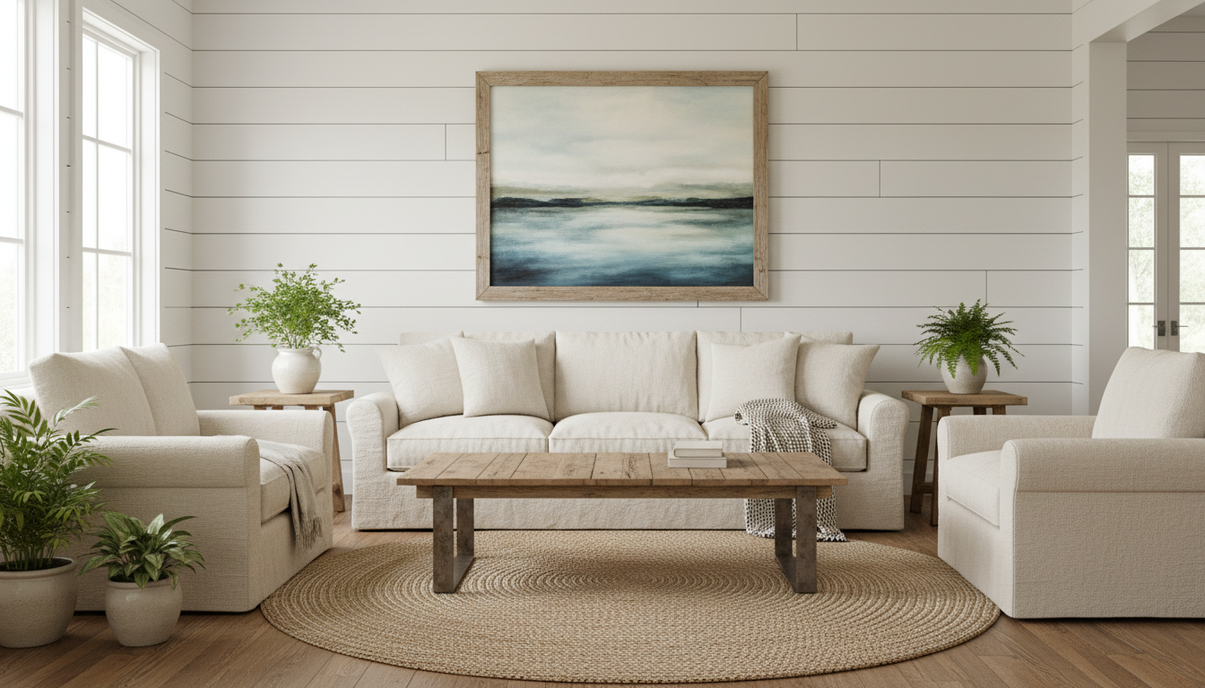 White shiplap floor-to-ceiling feature wall in farmhouse living room with jute rug and linen sofa