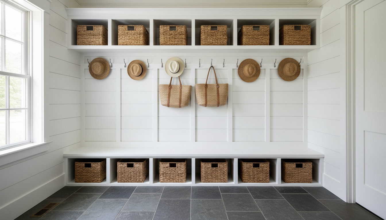 White shiplap mudroom wall with built-in bench, cubbies, and seagrass baskets