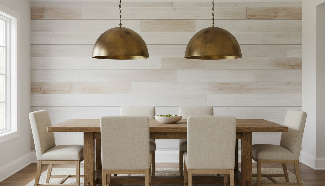 Whitewashed shiplap dining room accent wall with farmhouse table and aged brass pendant lights