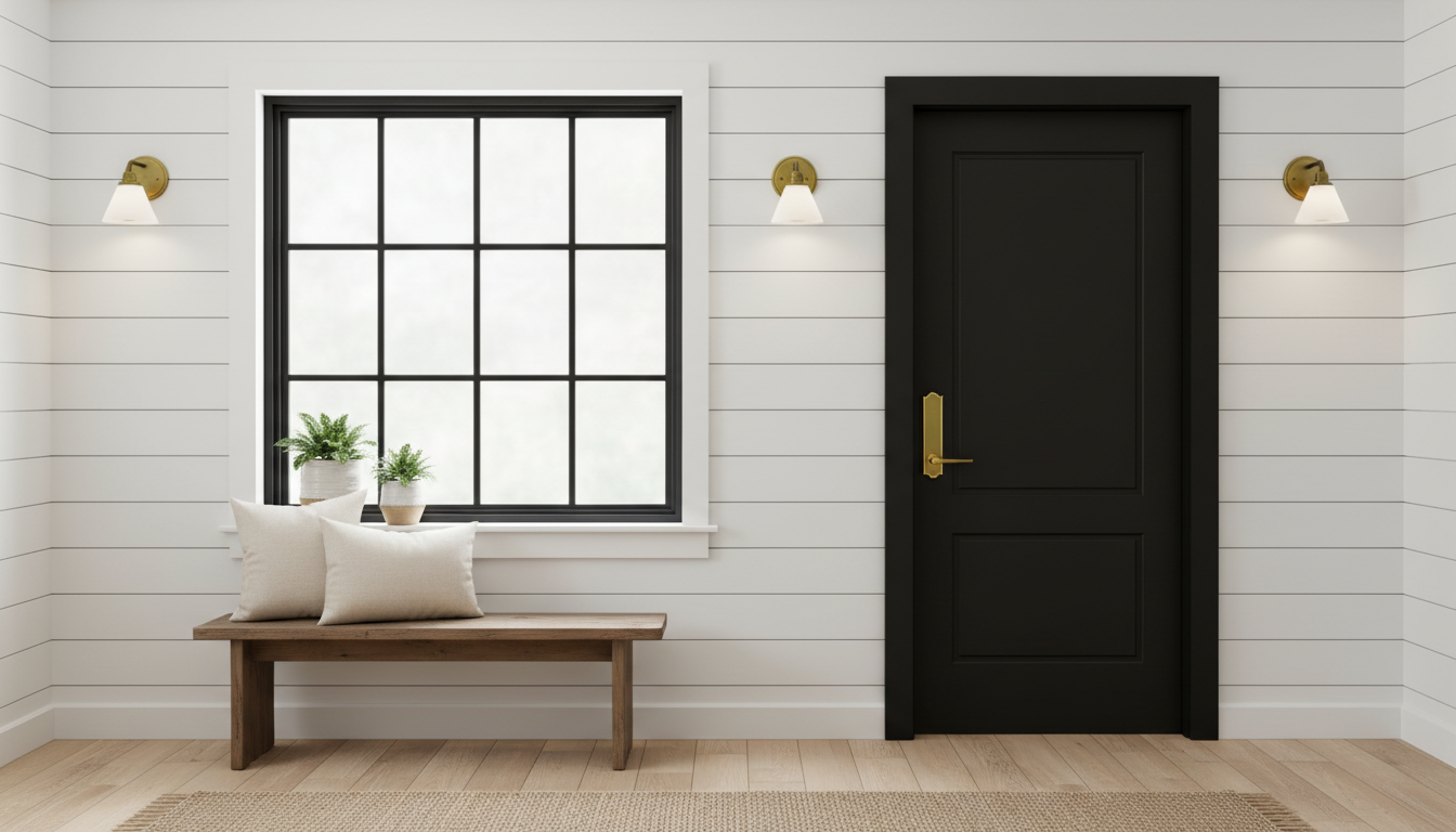 White shiplap accent wall with bold black window trim contrast and brass hardware