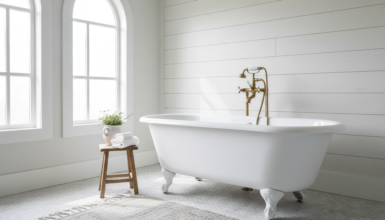 White shiplap bathroom wall behind clawfoot tub with brass fixtures and marble penny tile floor