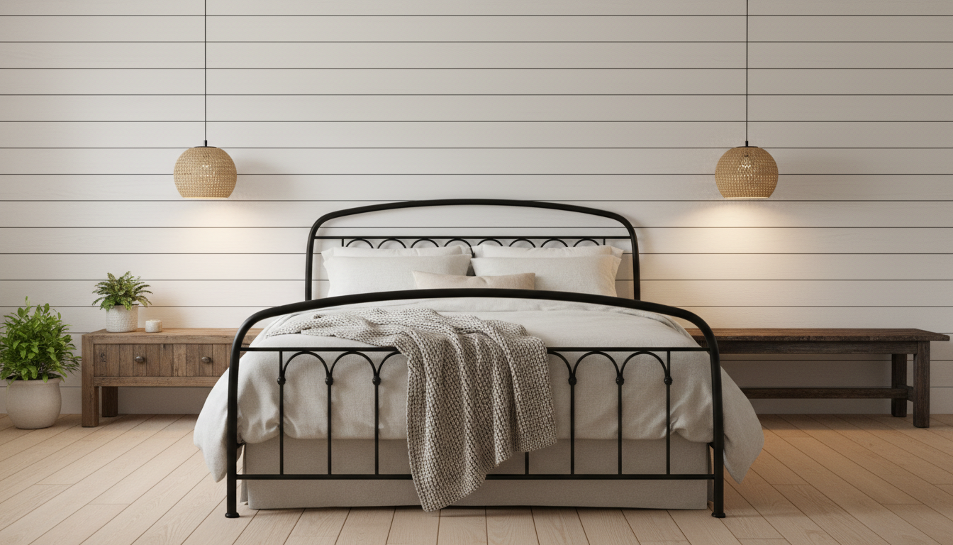 Vertical white shiplap accent wall behind farmhouse bed with iron frame