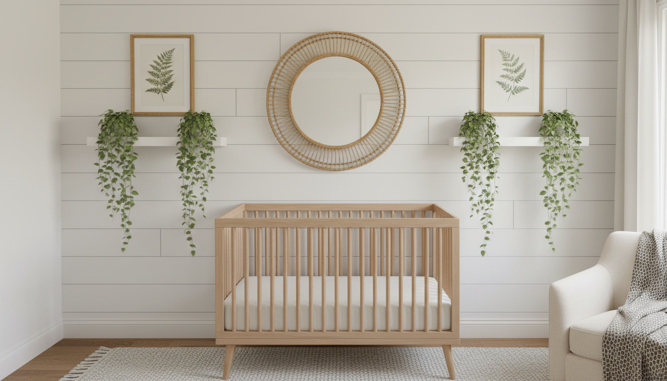 White shiplap nursery accent wall behind natural wood crib with rattan mirror and botanical prints