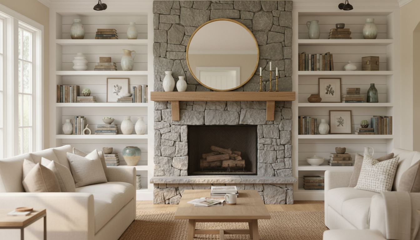 White shiplap back panels in built-in bookshelves with curated books and ceramic objects