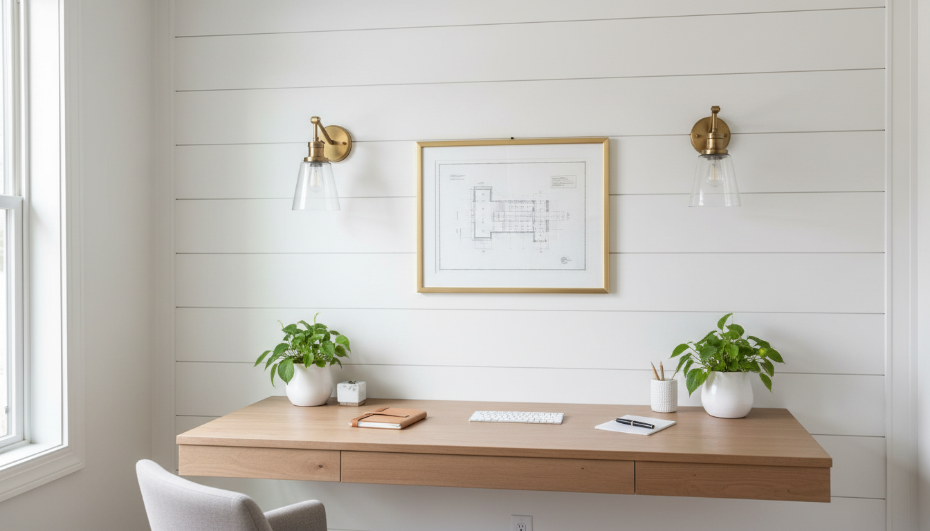 White shiplap home office feature wall with brass sconces and floating desk