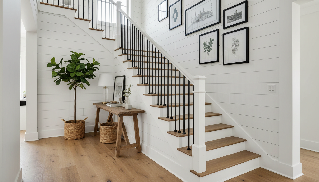 White shiplap staircase wall with black iron balusters and gallery of black-framed prints