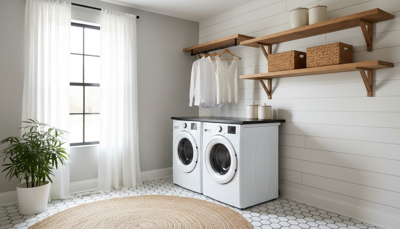 White shiplap laundry room wall with open shelves and hex tile floor