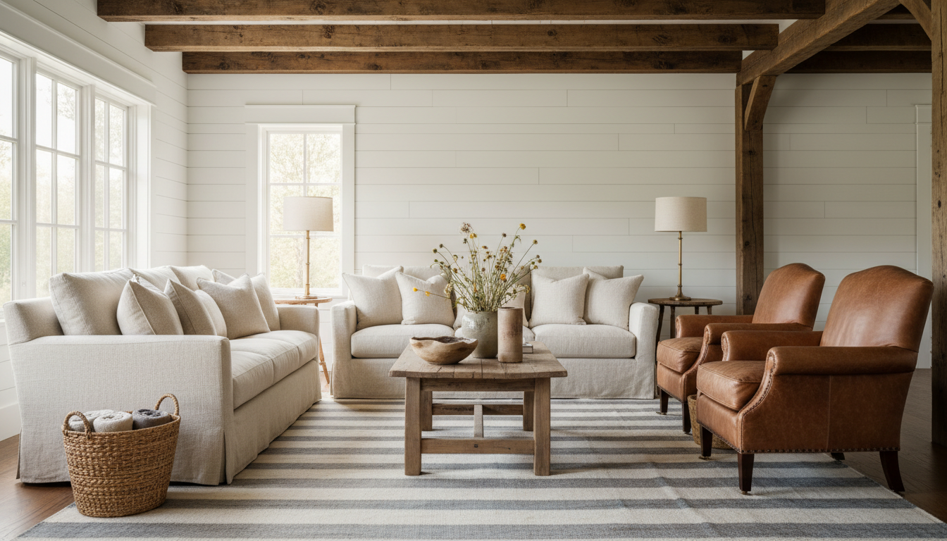White shiplap living room walls beneath dark exposed timber ceiling beams in farmhouse interior
