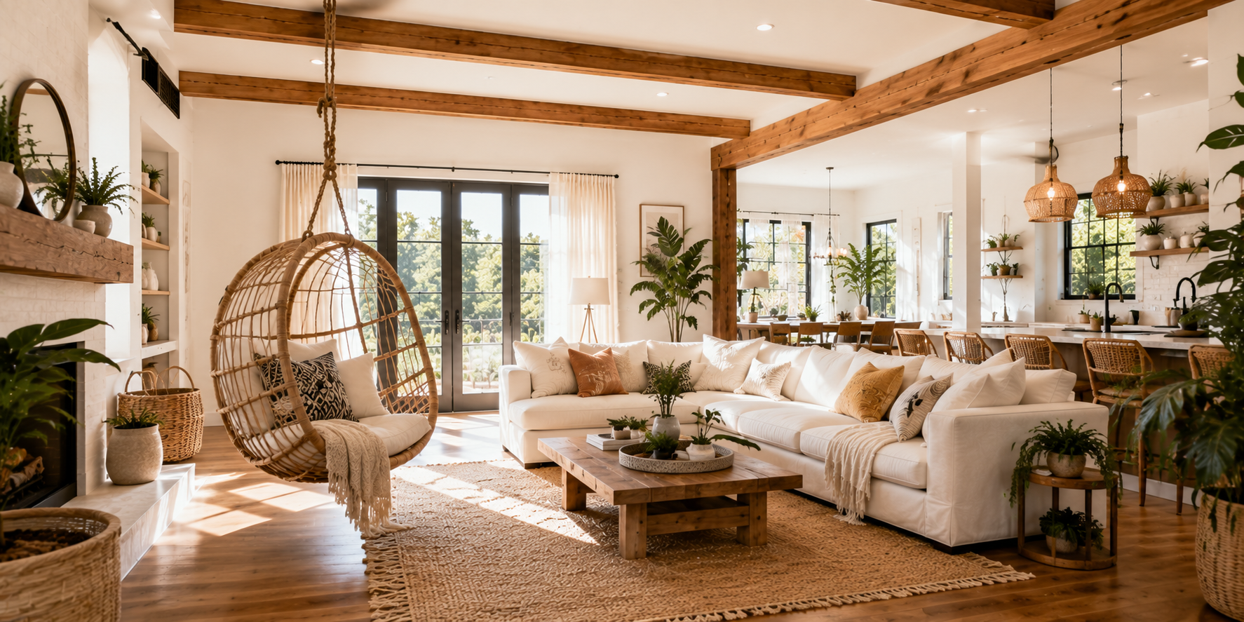 Living room with hanging chair suspended from wooden beam, bright and cozy boho-chic decor.
