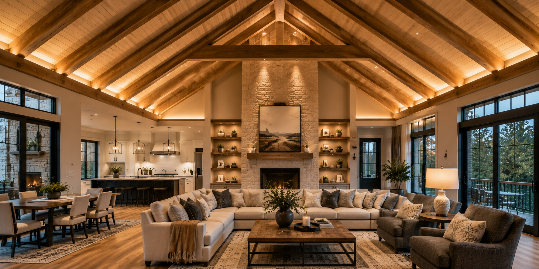 Vaulted ceiling with wooden beams lit from below, soft golden uplighting creating texture and depth.
