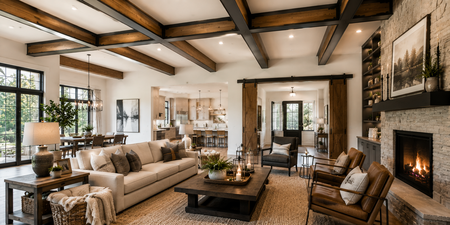 Modern living room with mixed-material beam design—wood core framed by metal edges, warm neutral interior.