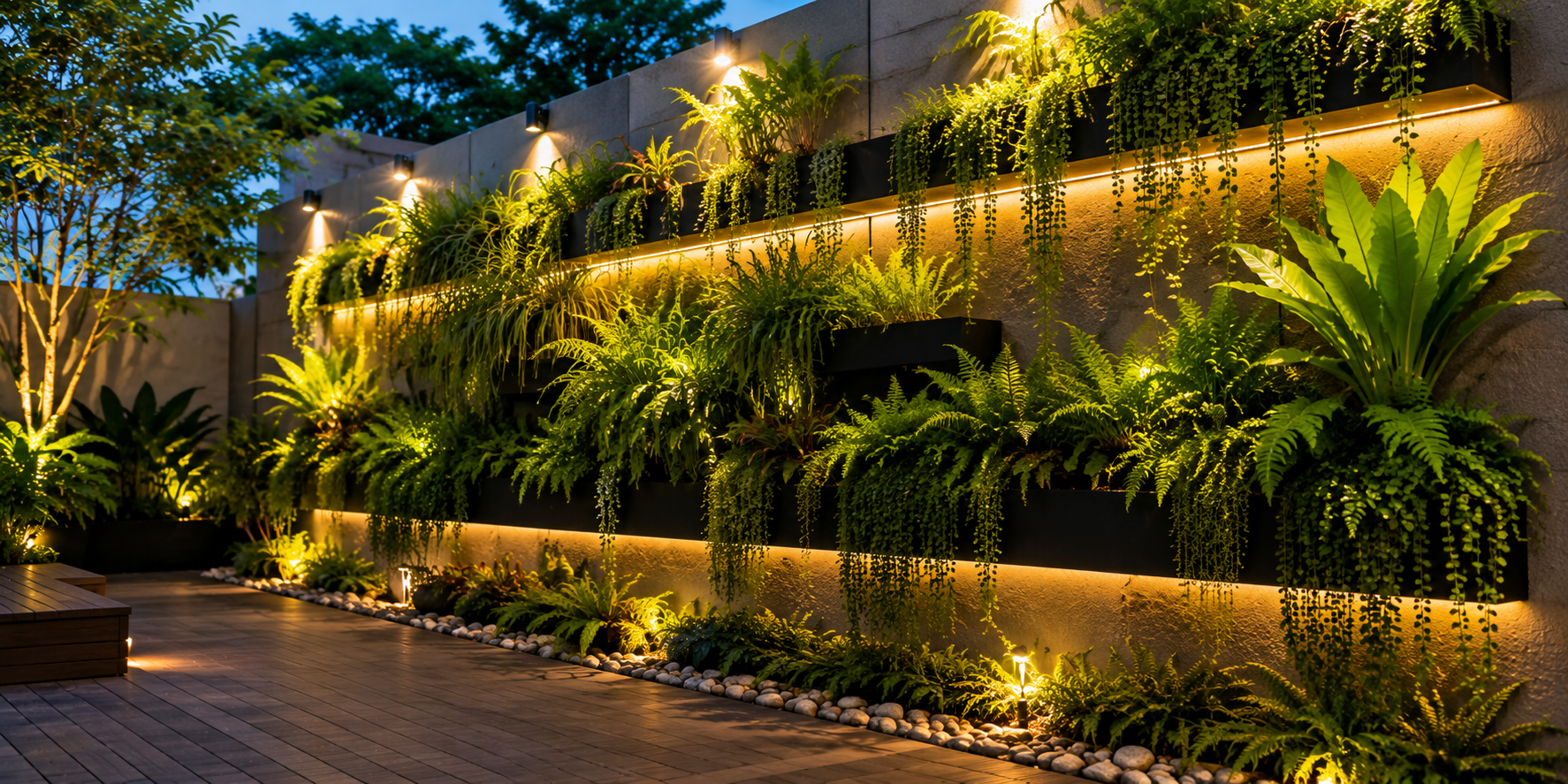 Outdoor wall transformed into a vertical garden with trailing plants, ferns, and soft backlighting.