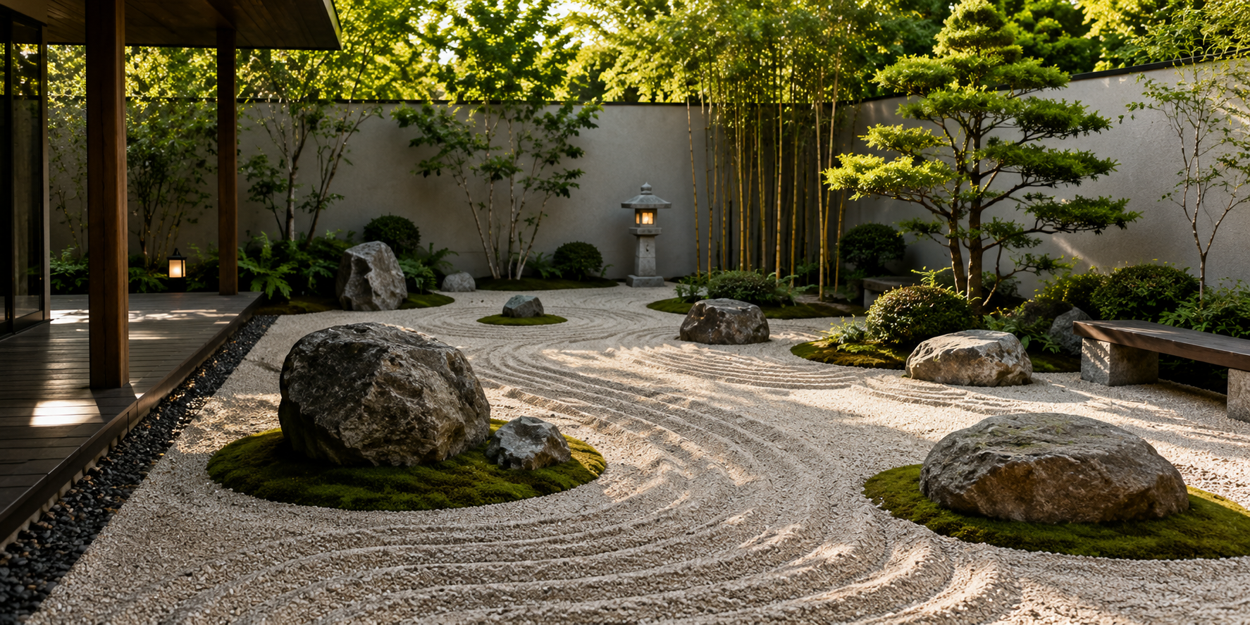 Zen-inspired garden with raked gravel, large stones, moss patches, and simple greenery.