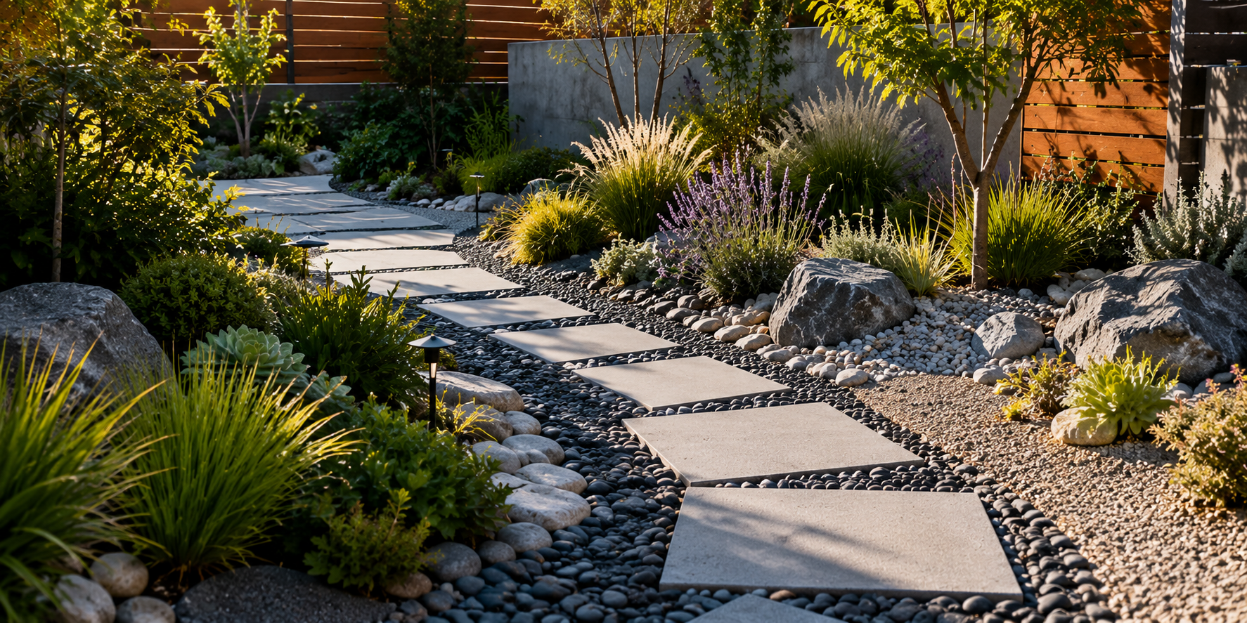 Contemporary garden showcasing contrast between smooth stone, rough gravel, and varied plant textures.