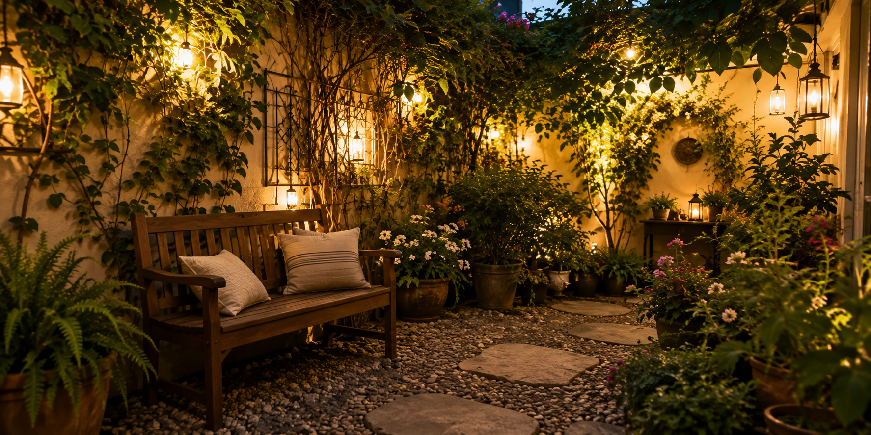 Cozy garden corner with wooden bench, climbing vines, and warm evening lighting.