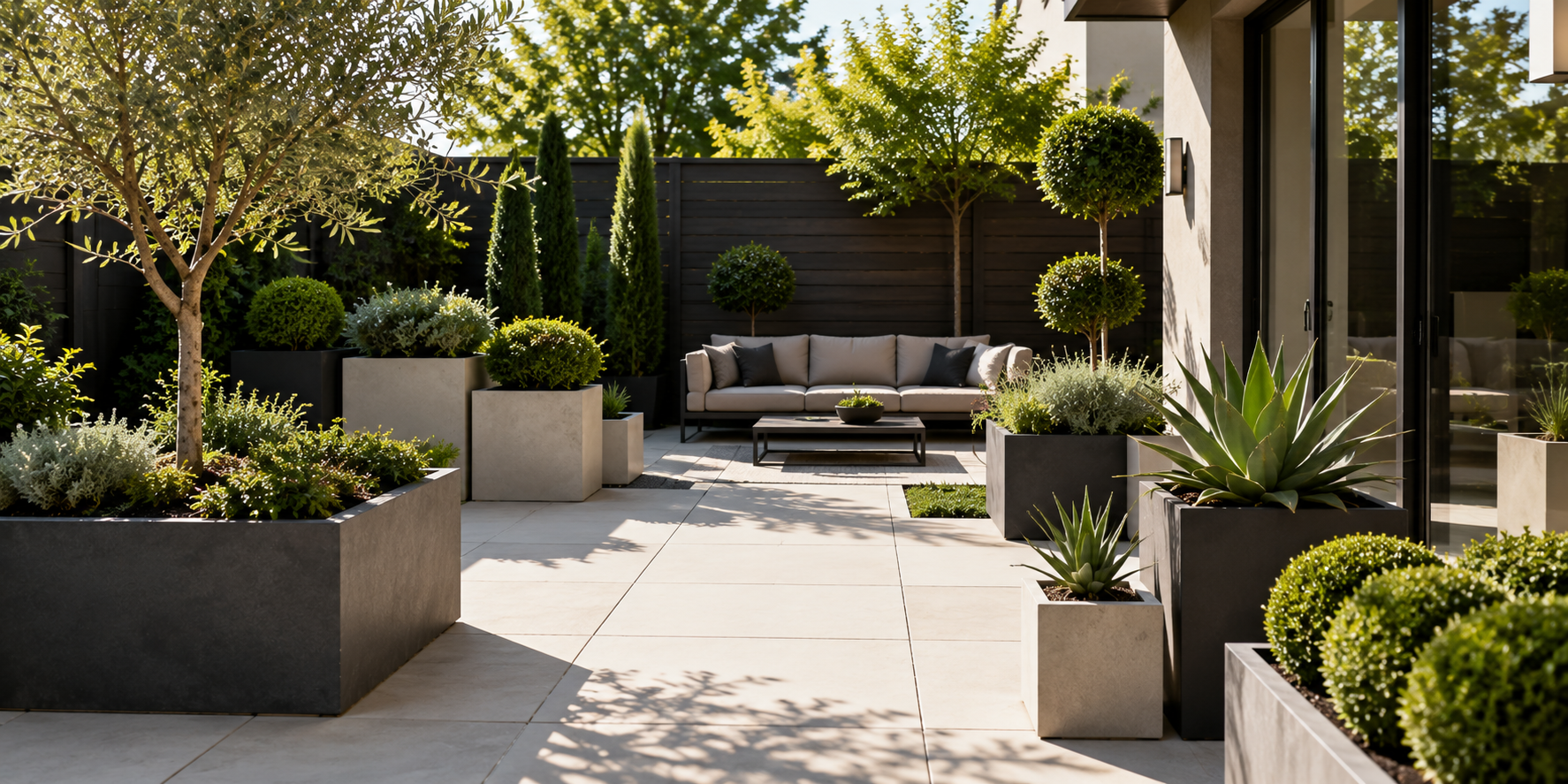 Modern patio with large geometric planters and structured green plants, sunlight casting shadows.