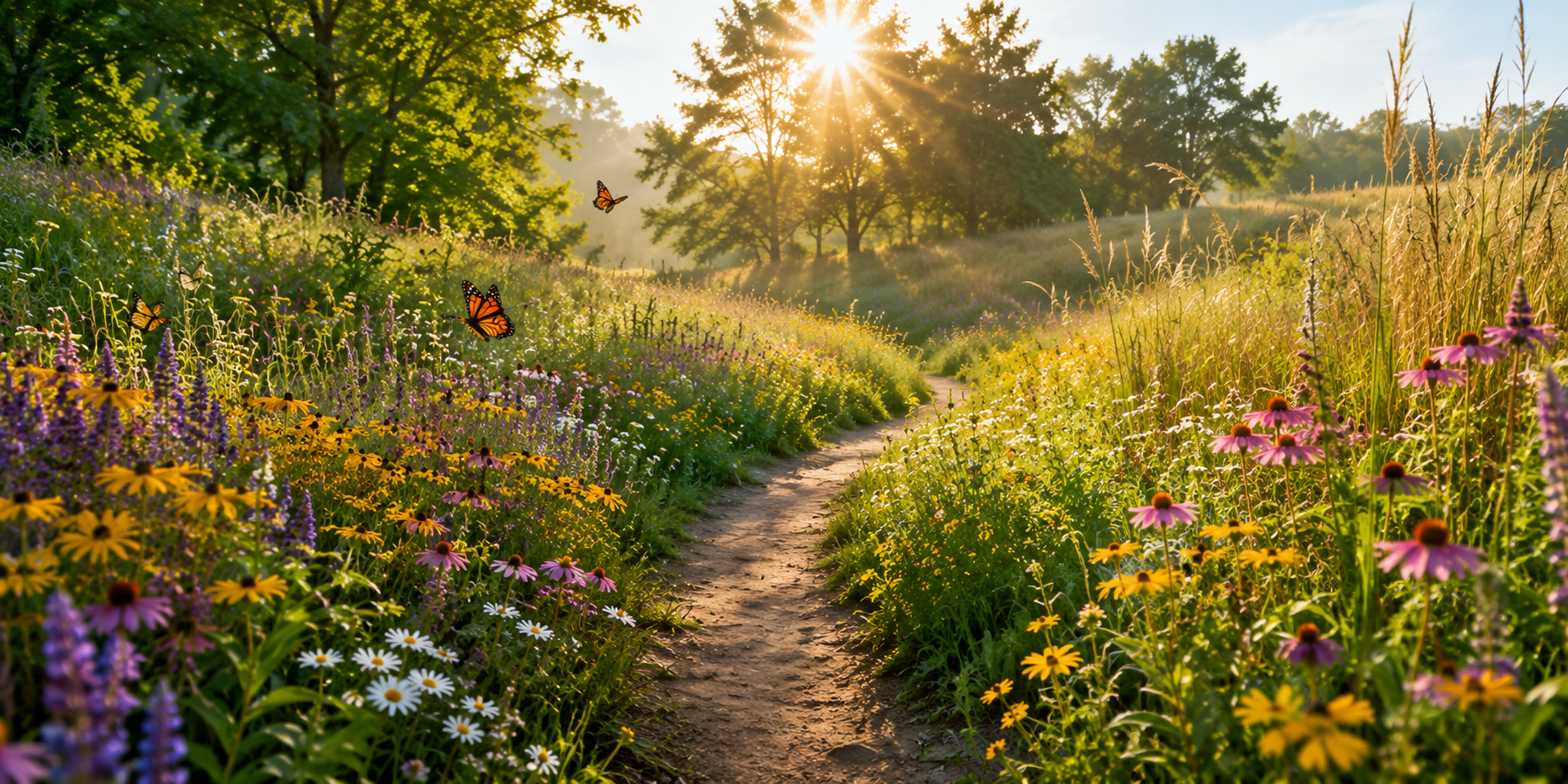 Vibrant wildflower meadow with walking path, butterflies, and sunlight filtering through tall grass.