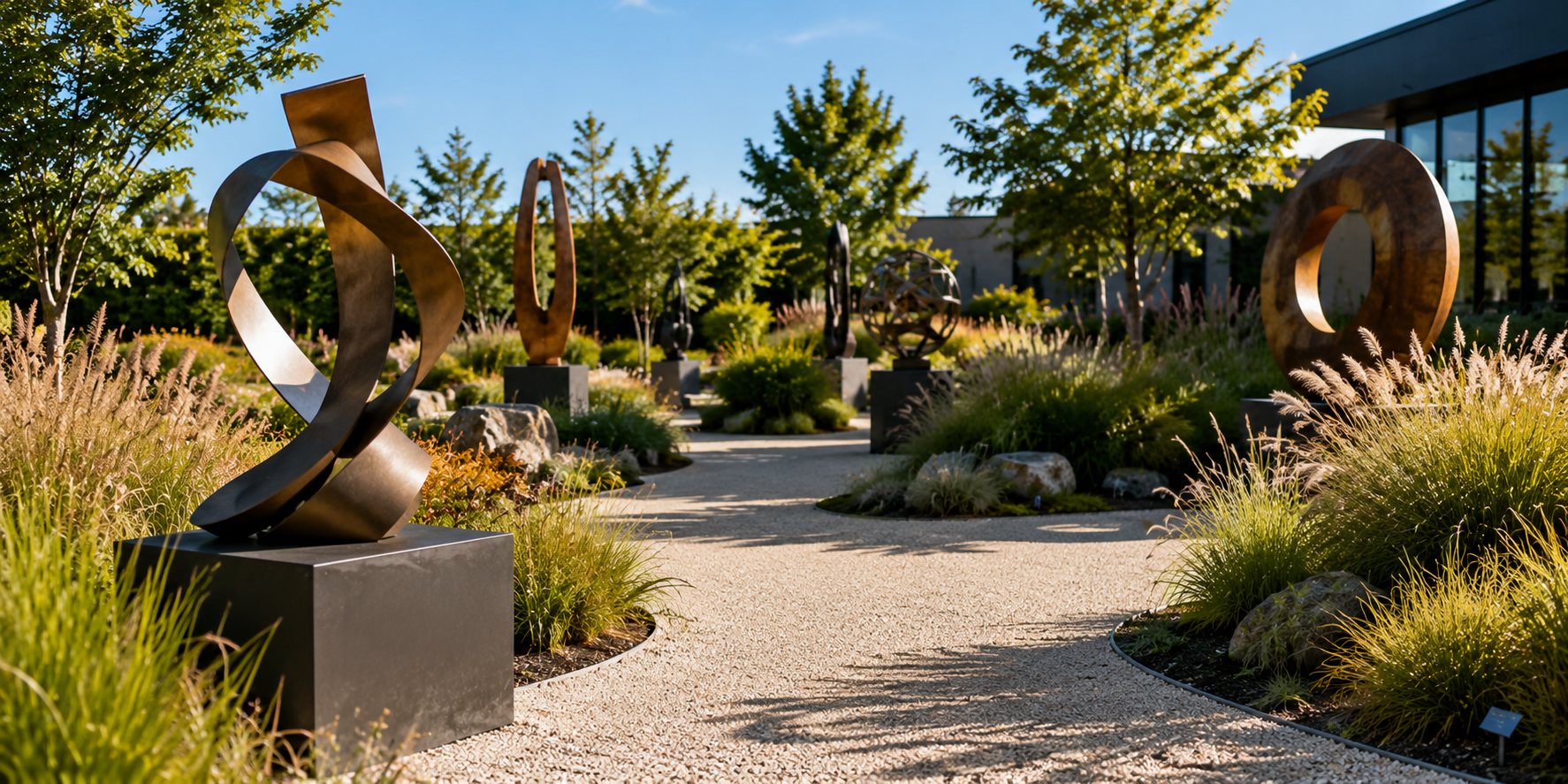 Outdoor sculpture garden with modern metal artwork surrounded by ornamental grasses.
