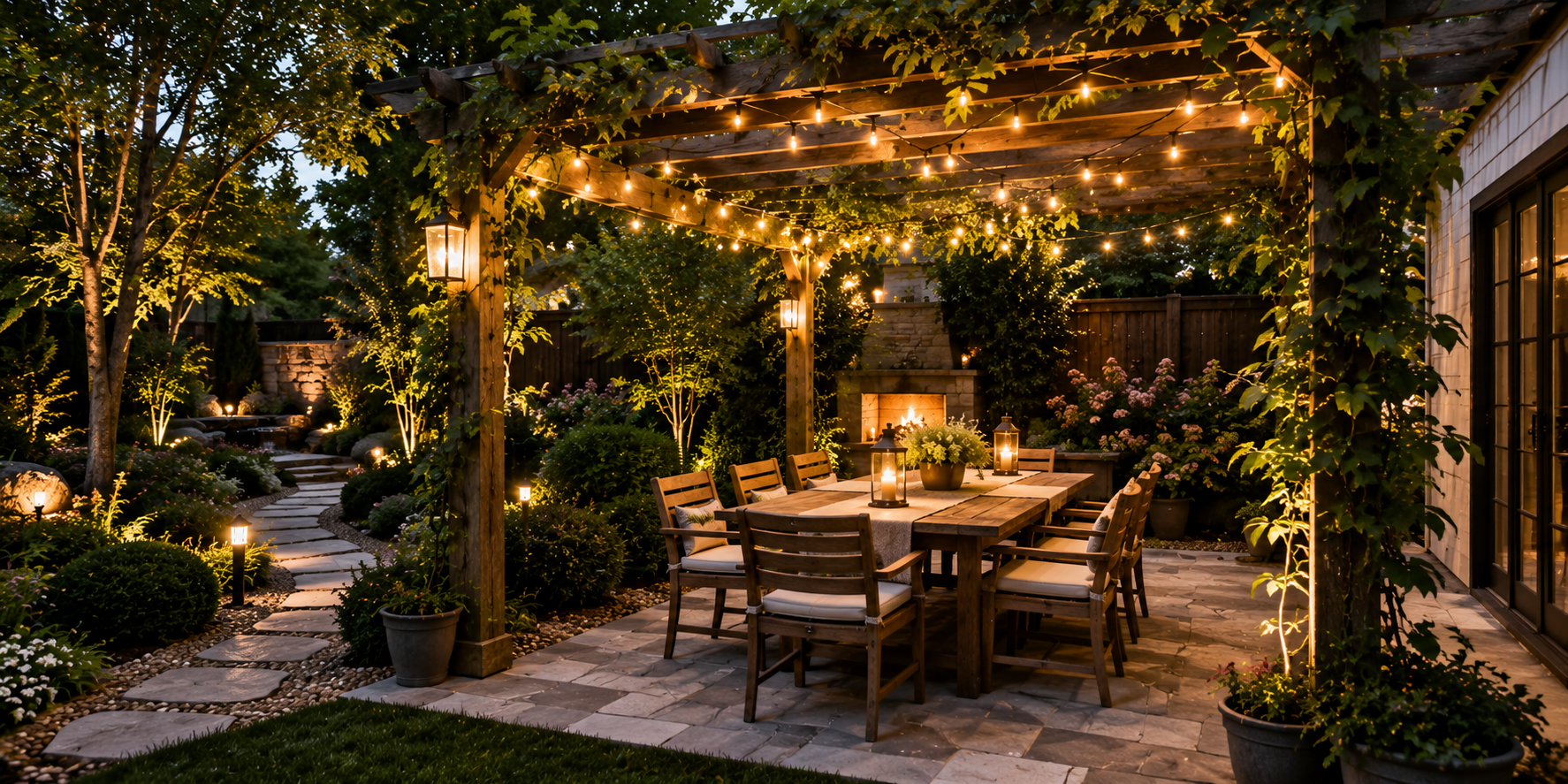 Outdoor dining area with pergola, wooden table, string lights, and surrounding greenery.