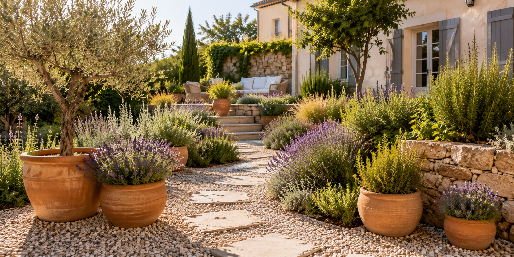 Sunlit gravel garden with lavender, rosemary, and terracotta planters, Mediterranean design vibe.