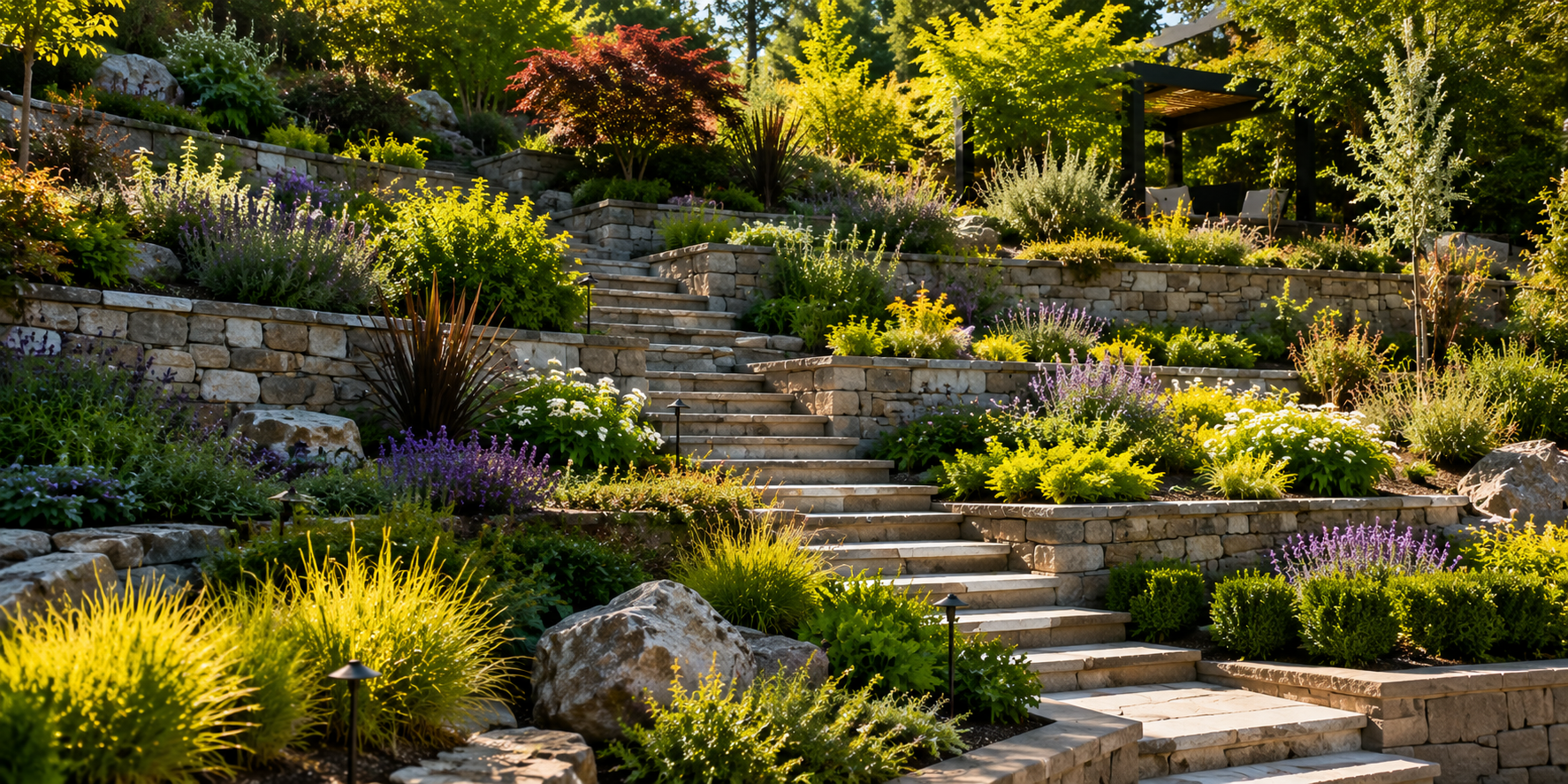 Tiered hillside garden with stone retaining walls, steps, and layered plants.