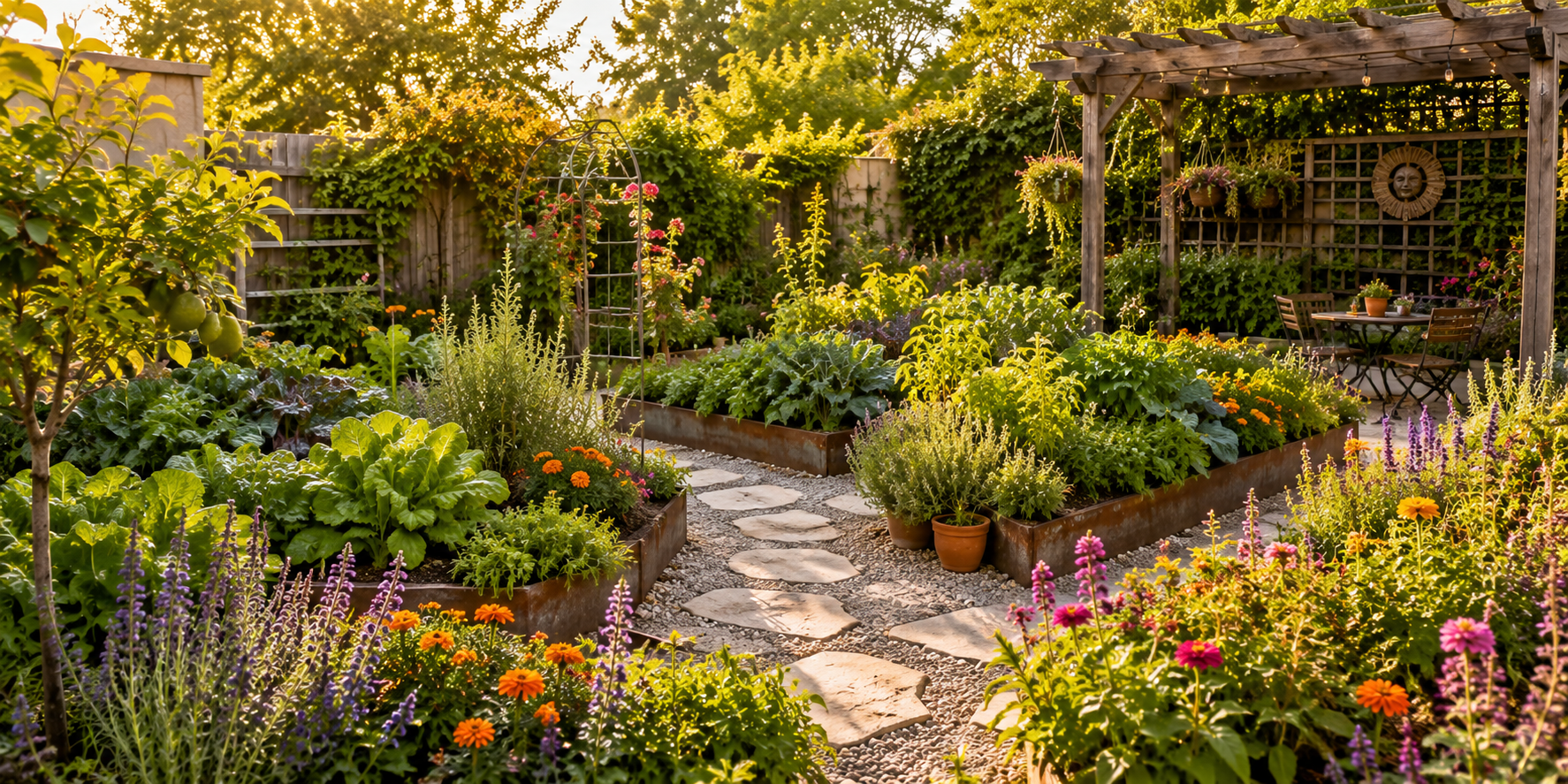 Garden featuring herbs and vegetables mixed with ornamental flowers, organized yet lush.