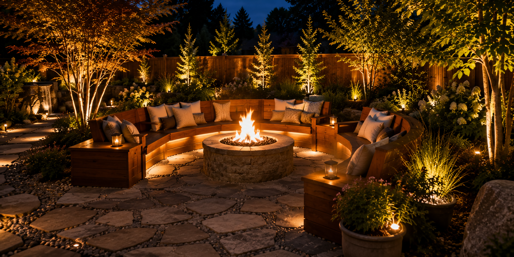 Outdoor fire pit area surrounded by wooden seating and illuminated plants at night.