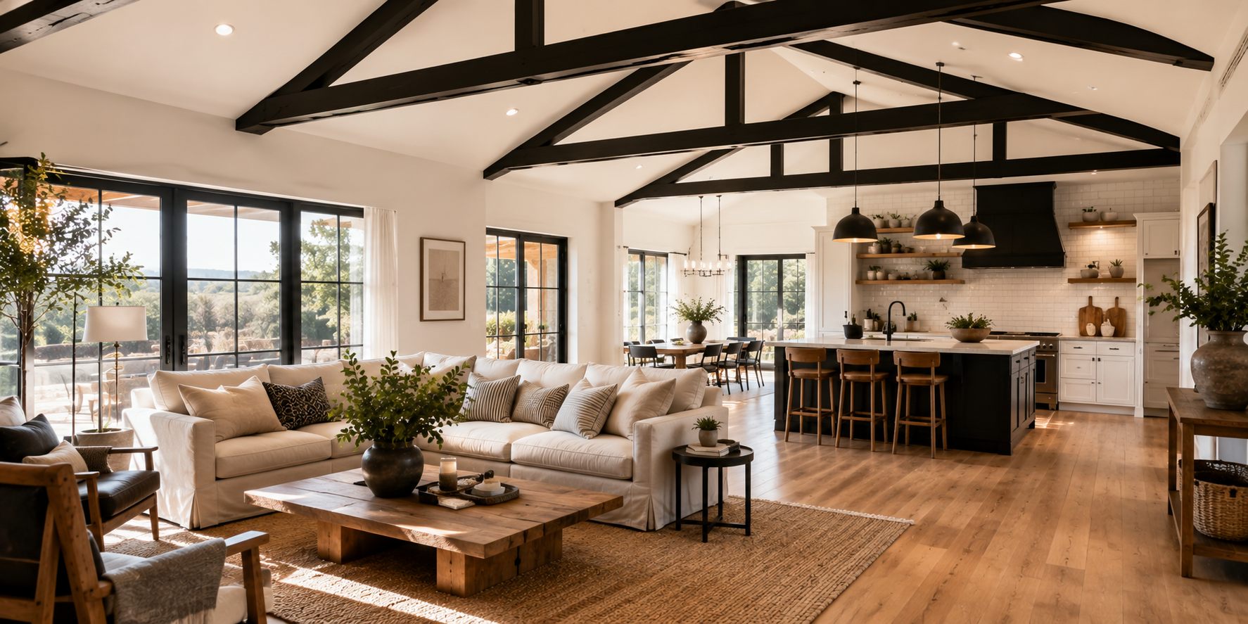 Open-plan home with black-painted beams on a white ceiling, minimalist decor, and warm hardwood flooring.