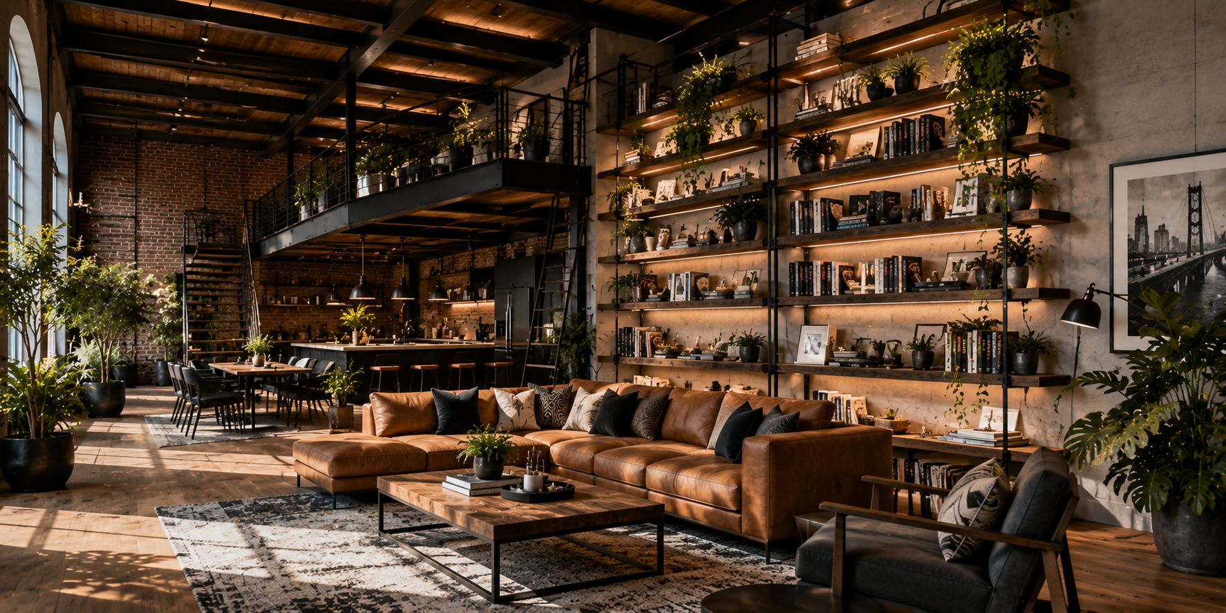 Industrial-style loft with beams connected by floating wood shelves filled with books and plants, warm ambient lighting.