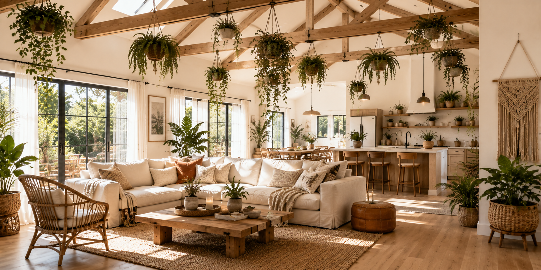 Bright living space with hanging plants suspended from exposed beams, light-filled interior, soft bohemian decor.