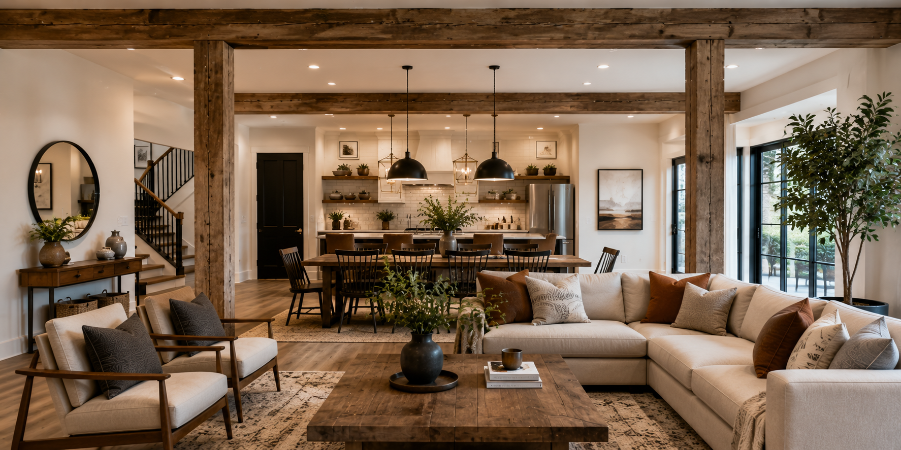 Open-concept living-dining room framed by two exposed beams with pendant lighting in between, cohesive design scheme.