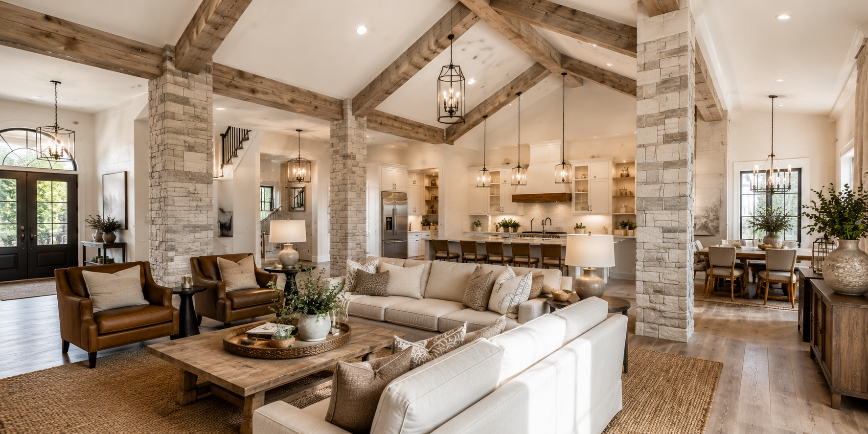 Living space featuring beams wrapped in light stone veneer, neutral decor, cozy rustic-modern aesthetic.