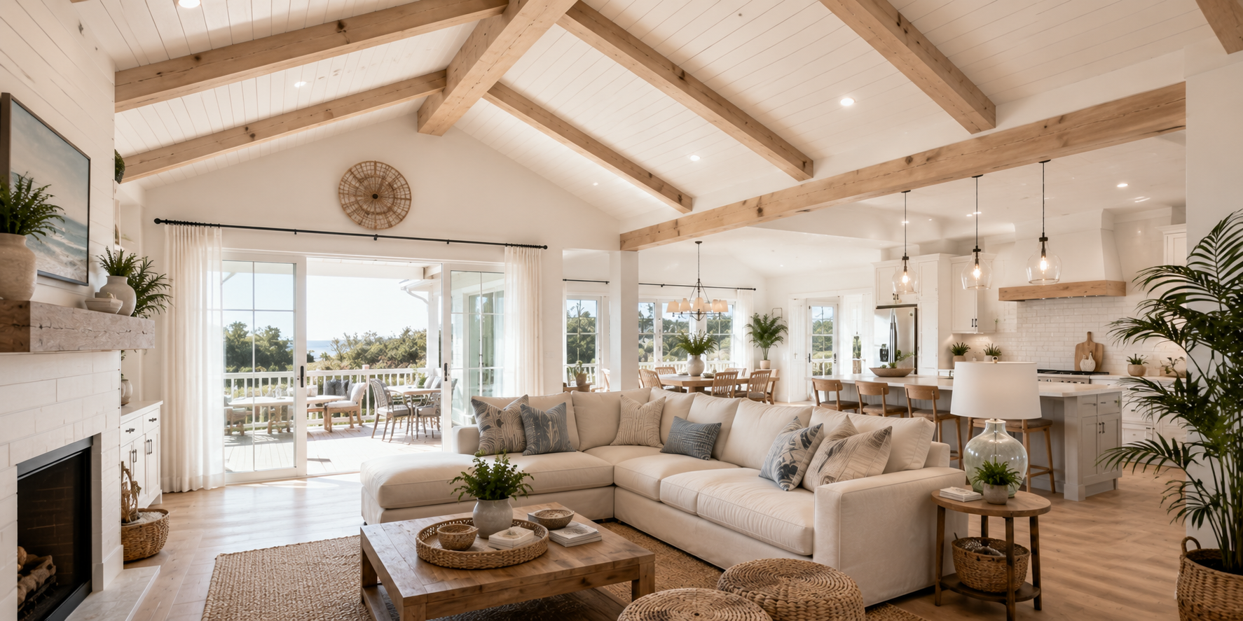 Ceiling with shiplap paneling and integrated wooden beams, soft neutral tones, bright and airy coastal interior.