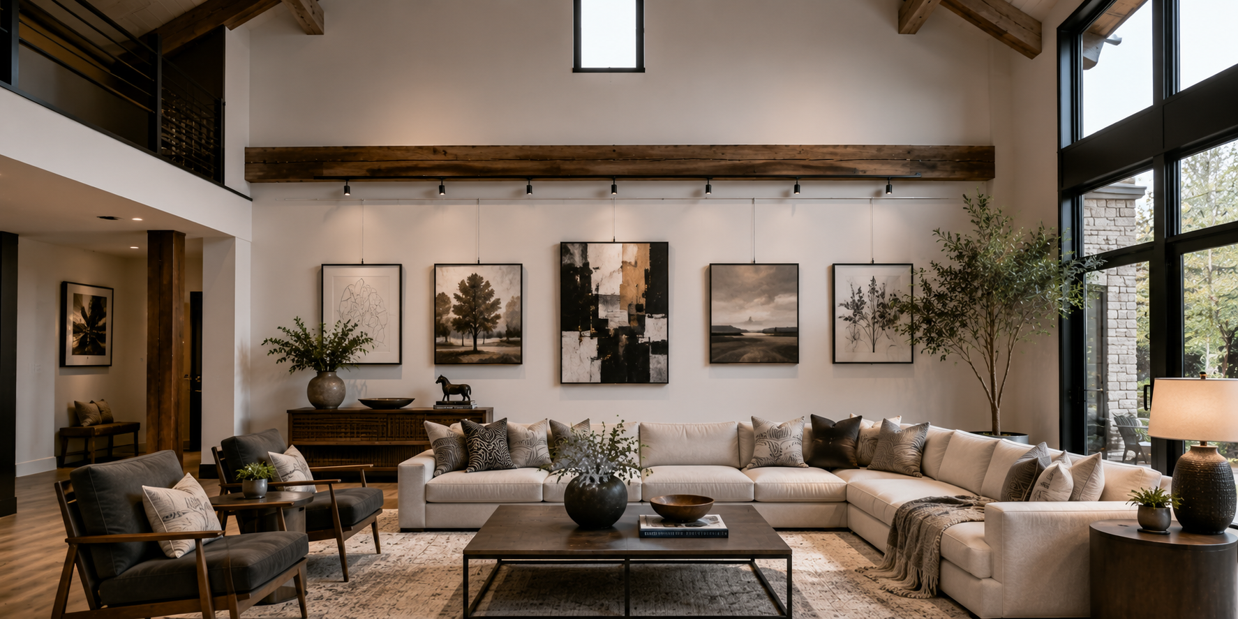 High-ceiling living room with exposed beam used as art rail, framed artwork hanging beneath, contemporary aesthetic.